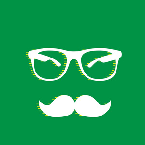 胡子和眼镜标志。 矢量。 白色平面图标与黄色条纹阴影在绿色背景。