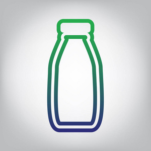 奶瓶标志。 矢量。 绿色到蓝色渐变轮廓图标在灰色背景，光线在中心。