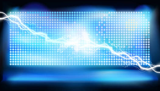 屏幕舞台聚光灯舞台上有一个大的led屏幕. 电力能源. 矢量图.照片