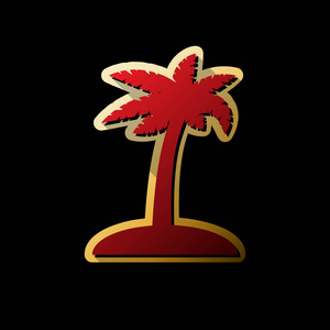 椰子棕榈树标志。 矢量。 红色图标与小黑色和无限的阴影在金色贴纸在黑色背景。
