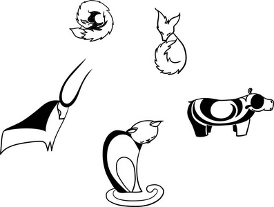 五种矢量设计线性黑白动物狐狸河马猫牛