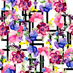 无缝的水彩画背景混合五颜六色的花和叶子与线艺术用于背景纹理, 包装纸, 纺织品或壁纸设计. 插图