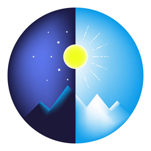 带有蓝色的矢量插图梯度,白天和夜晚的山脉照片