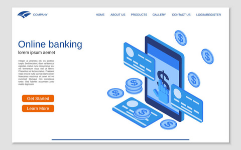 网上银行汇款金融交易平面三维等距向量概念说明。 网站登陆网页模板