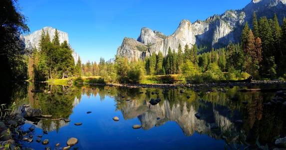 尤塞米蒂山谷全景，河上美丽的倒影加州美国