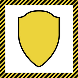 盾牌标志插图。 矢量。 温暖的黄色图标与黑色轮廓在框架命名为正在建设的白色背景。 孤立的。