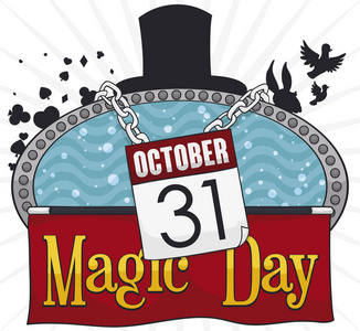 一套魔术元素，以纪念魔术日在10月31日与日历魔法棒和织物鸽子和兔子从顶帽子玩纸牌，摆脱锁链和水折磨细胞。