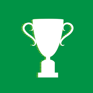 冠军杯标志。 矢量。 白色平面图标与黄色条纹阴影在绿色背景。
