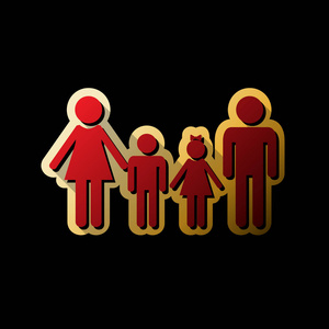家庭标志。 矢量。 红色图标与小黑色和无限的阴影在金色贴纸在黑色背景。