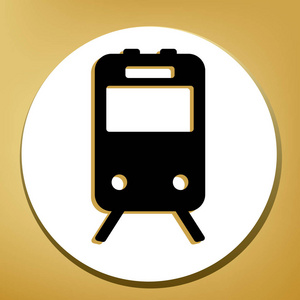 火车标志。 矢量。 黑色图标与浅棕色阴影在白色圆圈与形状戒指在黄金背景。