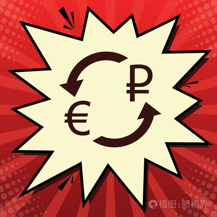 货币兑换标志。 欧元和俄罗斯卢布。 矢量。 深红色图标在柠檬雪纺快门气泡在红色流行背景与光线。
