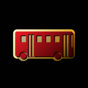 公共汽车简单标志。 矢量。 红色图标与小黑色和无限的阴影在金色贴纸在黑色背景。
