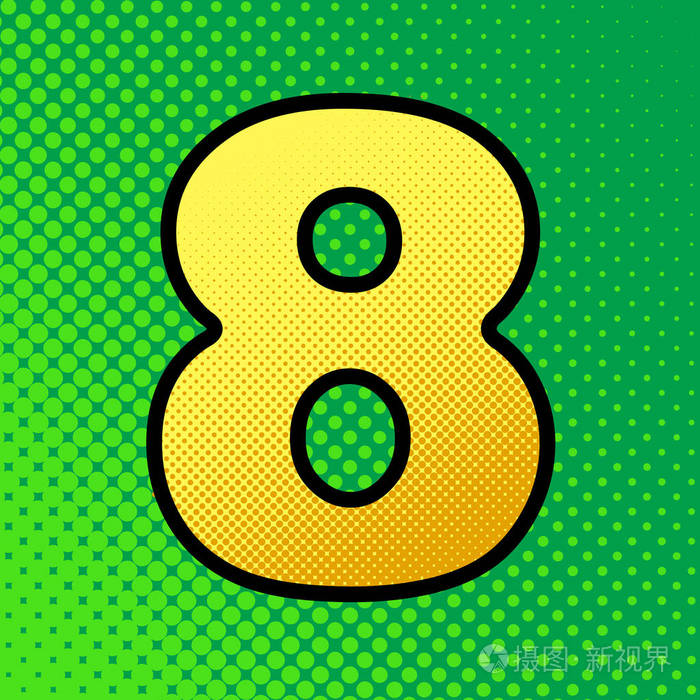 编号8标牌设计模板元素矢量流行艺术橙色到黄色点梯度图标与黑色轮廓