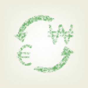 货币兑换标志。 欧元和韩国赢了。 矢量。 绿色六边形改变图标和噪音不透明度和大小在浅绿色背景与中心灯。