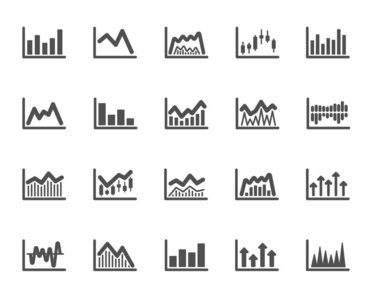 财务图表图标。 一组蜡烛棒图报告图和内部图标。 增长贸易和投资图表。 证券交易所烛台和财务图。 向量