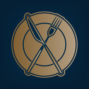 叉子刀和盘子标志。 矢量。 黑色青色背景下的金色图标和边框。