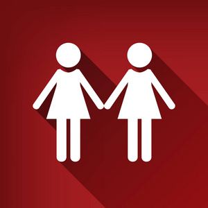女同性恋家庭标志。 矢量。 白色图标与无限的阴影在红宝石红色背景。