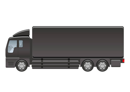 白色背景上的矢量黑色重型卡车插图。