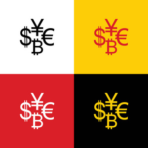 货币标志收集美元欧元比特币日元。 矢量。 相应颜色上的德国国旗图标作为背景。