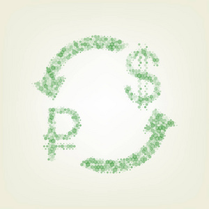货币兑换标志。 卢布和美元。 矢量。 绿色六边形改变图标和噪音不透明度和大小在浅绿色背景与中心灯。