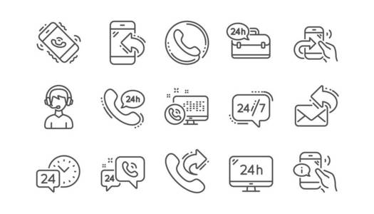 呼叫中心支持和聊天消息. 24小时服务线性图标设置矢量照片