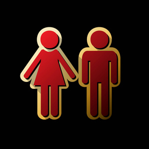 男性和女性标志。 矢量。 红色图标与小黑色和无限的阴影在金色贴纸在黑色背景。