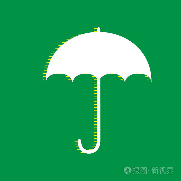 雨伞标志图标。 防雨标志。 平面设计风格。 矢量。 白色平面图标与黄色条纹阴影在绿色背景。