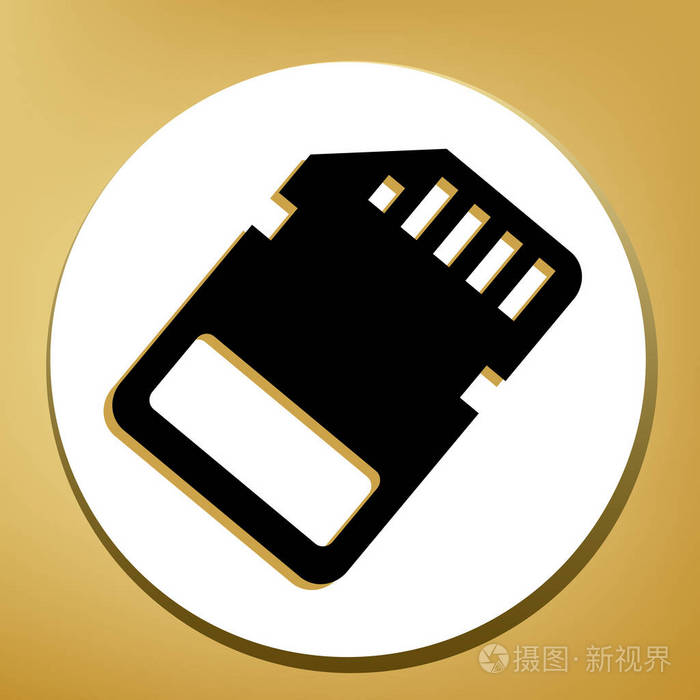记忆卡标志. 矢量. 黑色图标与浅棕色阴影在白色圆圈与形状戒指在黄金