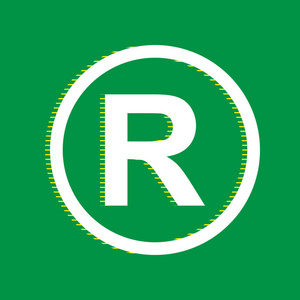 注册商标标志. 矢量. 白色平面图标与黄色条纹阴影在绿色背景.插画