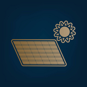 太阳能电池板。 生态趋势概念标志。 矢量。 黑色青色背景下的金色图标和边框。