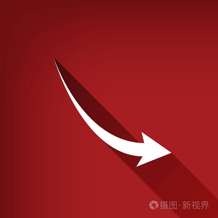 下降的箭头标志. 矢量. 白色图标与无限的阴影在红宝石红色背景.