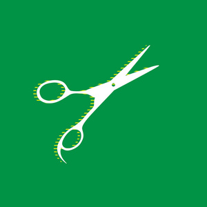 剪发剪刀标志..矢量。白色平面图标，绿色背景下有黄色条纹阴影。