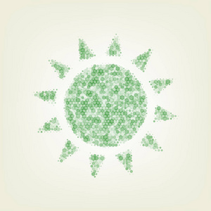 太阳标志插图。矢量。绿色六边形改变图标和噪音不透明度和大小在浅绿色背景与中心灯。