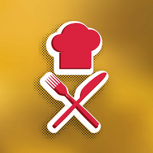厨师带刀叉标志..矢量。洋红图标与更深的阴影，白色贴纸和黑色波普拉特阴影在黄金背景。