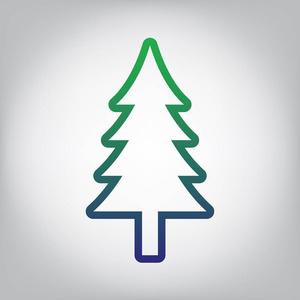 新年树标志。 矢量。 绿色到蓝色渐变轮廓图标在灰色背景，光线在中心。