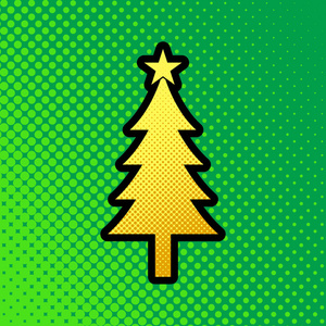 新年树标志。矢量。流行艺术橙色到黄色点梯度图标与黑色轮廓在绿色背景。