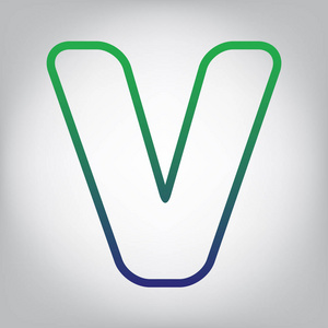 字母V标志设计模板元素..矢量。绿色到蓝色渐变轮廓图标在灰色背景，光线在中心。