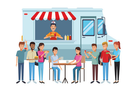 快餐车,顾客在餐桌上用餐,卡通矢量插图,平面设计照片