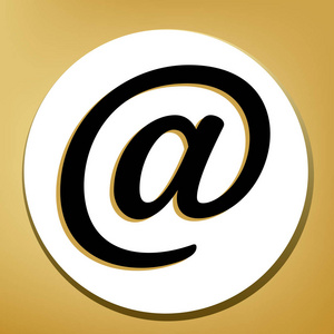 邮件标志插图。矢量。黑色图标与浅棕色阴影在白色圆圈与形状戒指在黄金背景。