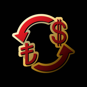 货币兑换标志。土耳其里拉和美元。矢量。红色图标与小黑色和无限的阴影在金色贴纸在黑色背景。