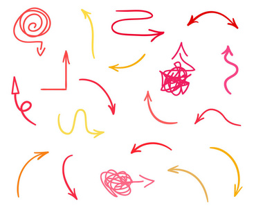 彩色信息图形元素隔离在白色上。一套粗略的指示标志。手绘简单指针..线条艺术。抽象箭头。工作标志