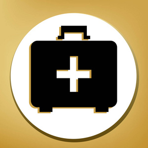 医疗急救箱标志。 矢量。 黑色图标与浅棕色阴影在白色圆圈与形状戒指在黄金背景。