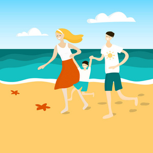 一家人带着一个孩子走在海滩矢量插图上一对情侣的剪影走在海边牵着