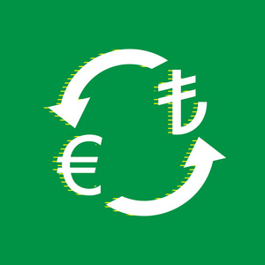 货币兑换标志。 欧元和土耳其里拉。 矢量。 白色平面图标与黄色条纹阴影在绿色背景。