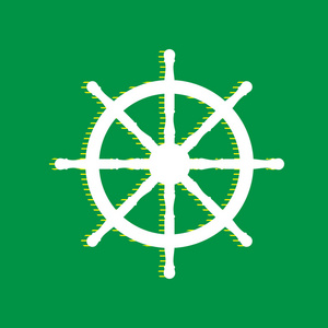 船轮标志。 矢量。 白色平面图标与黄色条纹阴影在绿色背景。