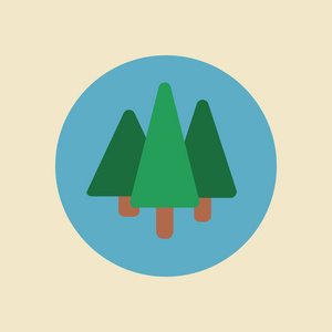 树木标志平面卡通装饰图标设置蓝色背景与落叶和针叶类型树木隔离矢量