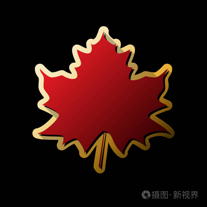 枫叶标志矢量红色图标与小黑色和无限的阴影在金色贴纸在黑色背景