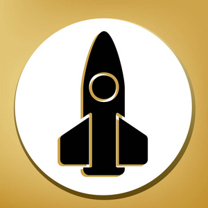 复古火箭标志插图。 矢量。 黑色图标与浅棕色阴影在白色圆圈与形状戒指在黄金背景。