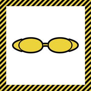 潜水眼镜标志插图。 矢量。 温暖的黄色图标与黑色轮廓在框架命名为正在建设的白色背景。 孤立的。