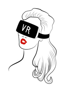 红唇的女人戴着虚拟现实头盔矢量线插图